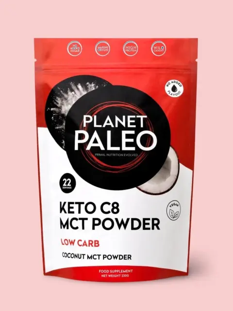 Planet Paleo Keto C8 MCT Powder, 220g, low carb, vegan, no added sugar, coconut flavour.
