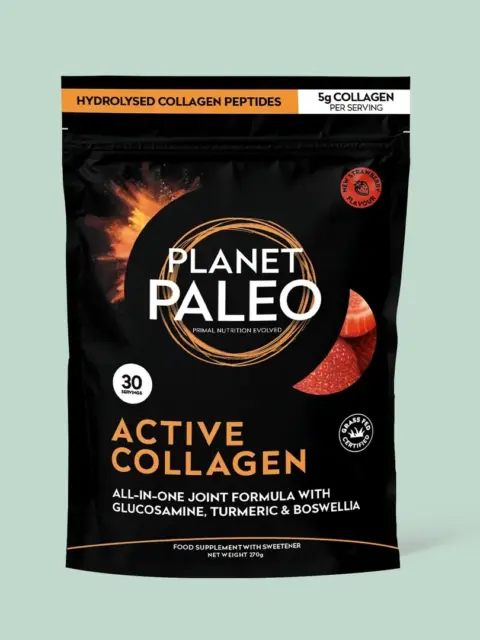 Planet Paleo Active Collagen, strawberry flavour, 270g pack, hydrolysed collagen peptides.