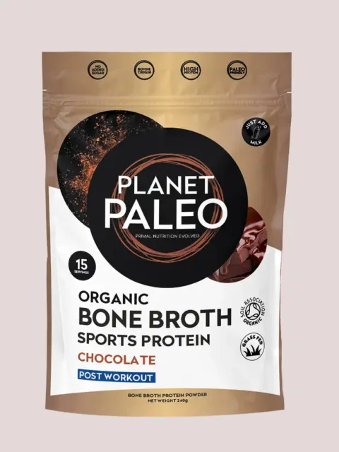 Planet Paleo Organic Bone Broth Sports Protein, Chocolate, 249g pouch.