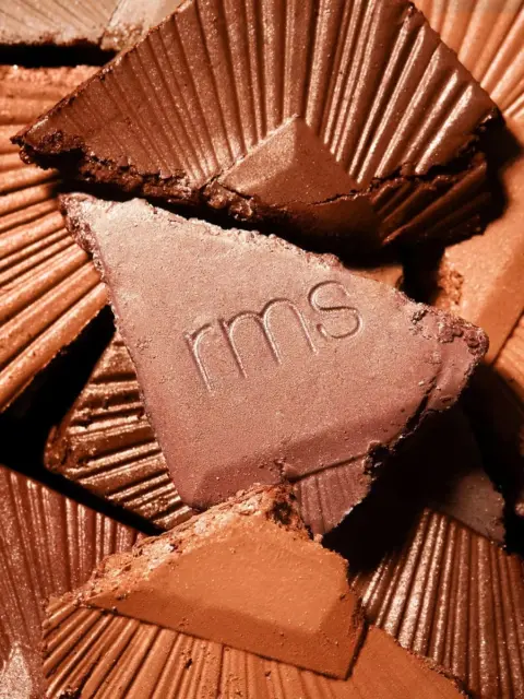 Broken pieces of brown makeup powder with "rms" embossed on one piece.