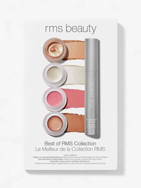 RMS Beauty set with four cream pots and a mascara tube on white background.