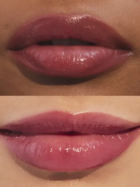 Two sets of lips with glossy pink lipstick, top darker skin, bottom lighter skin.