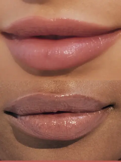 Two close-up images of lips with glossy nude lipstick.
