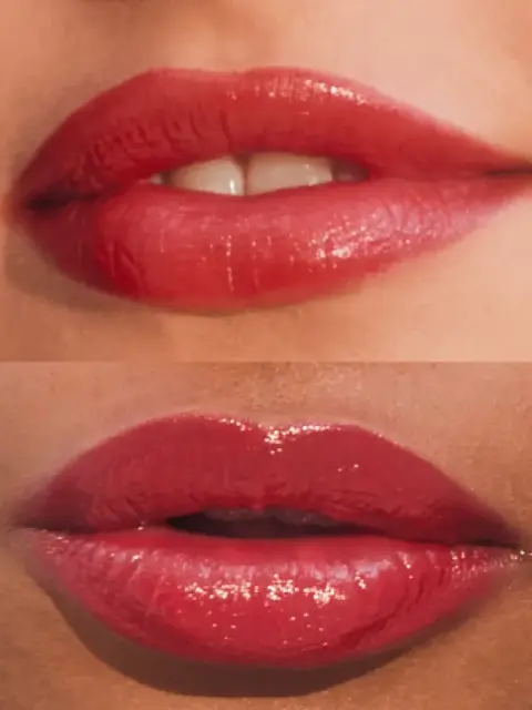 Two close-up images of lips with glossy red lipstick.