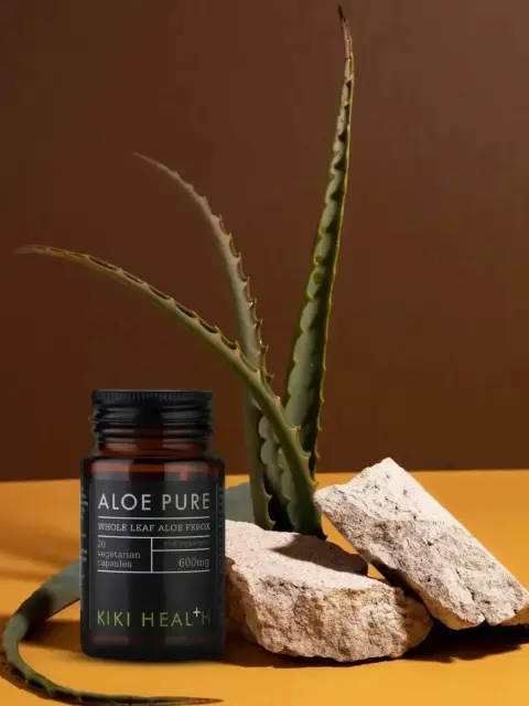 Aloe Pure capsules bottle with aloe plant and rocks on brown background.