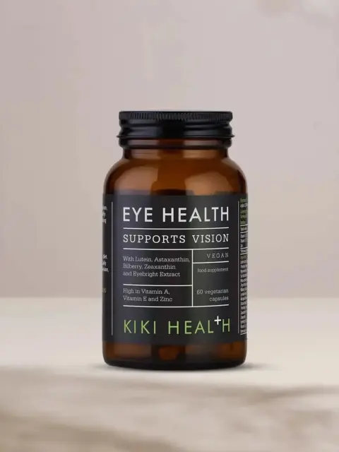 Brown bottle labelled "Eye Health Supports Vision" by Kiki Health.