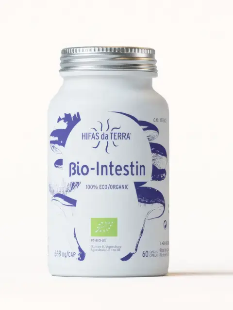 Hifas da Terra Bio-Intestin supplement jar, 60 capsules, eco/organic label.