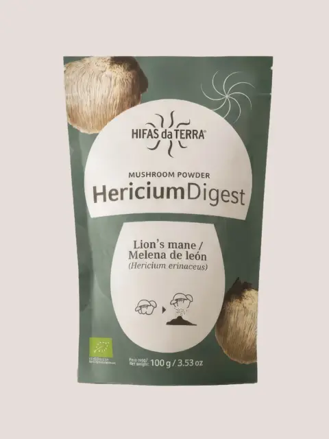 HericiumDigest mushroom powder, 100g, Lion's mane, Hifas da Terra packaging.