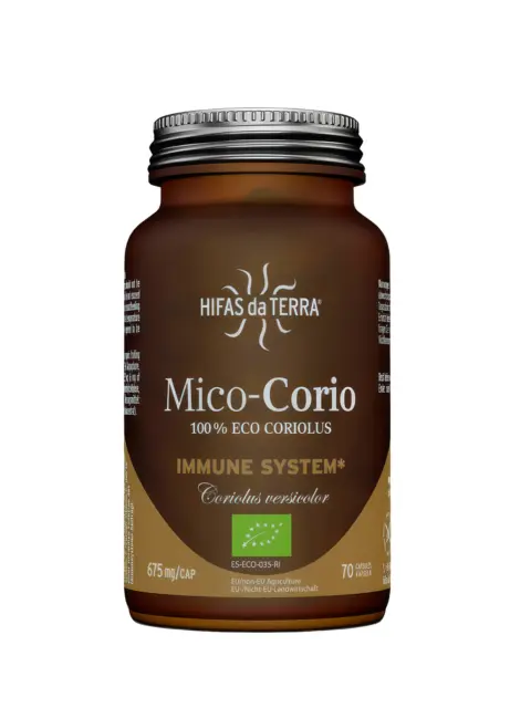 Hifas da Terra Mico-Corio supplement bottle, 70 capsules, 675 mg each.