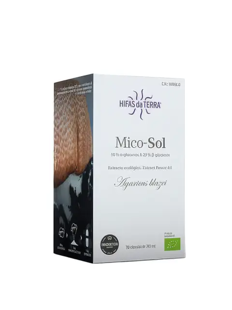 Hifas da Terra Mico-Sol supplement box with mushroom image and green certification logo.