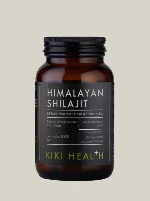 Himalayan Shilajit supplement bottle, 60 capsules, Kiki Health brand.