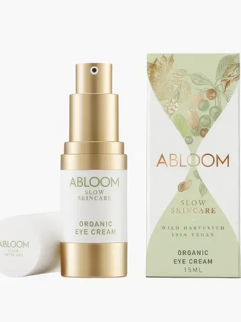 Abloom Organic Eye Cream 15ml with gold pump and green box packaging.