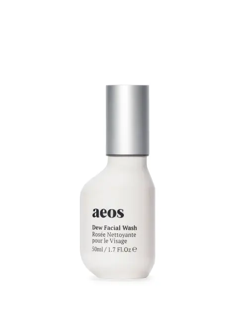 Aeos Dew Facial Wash bottle, 50ml, with silver cap.