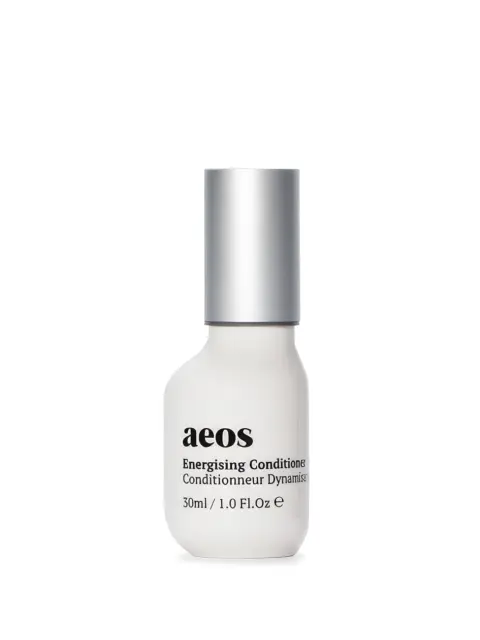 White bottle of aeos Energising Conditioner, 30ml, with silver cap.