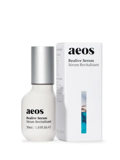 Aeos Realive Serum bottle and box, 30ml, with silver cap.
