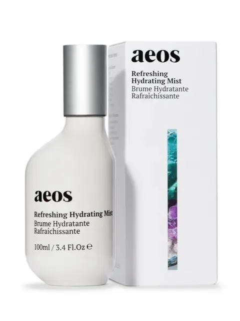 Aeos Refreshing Hydrating Mist bottle and box, 100ml, with colourful design strip.