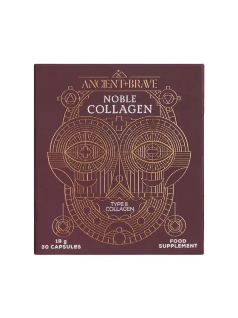 Noble Collagen box with geometric design, 19g, 30 capsules, food supplement.