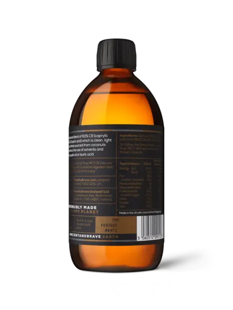Amber bottle with black cap, detailed label text, and barcode on the back.