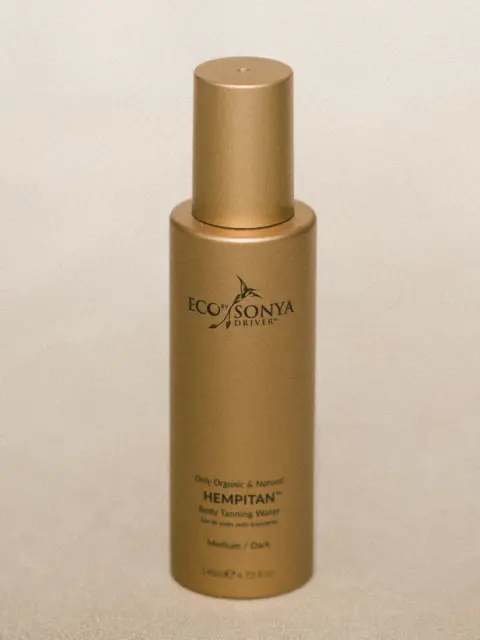 Gold bottle of Eco by Sonya Driver Hempitan Body Tanning Water, 140ml, medium/dark shade.
