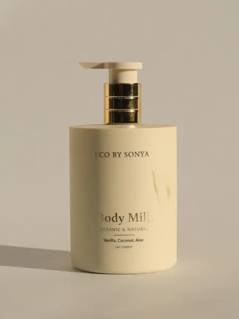 Eco by Sonya Body Milk bottle with pump, vanilla, coconut, aloe.