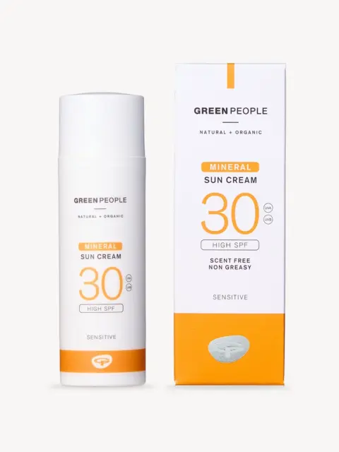 Green People Mineral Sun Cream SPF 30 bottle and box, scent-free, non-greasy, for sensitive skin.