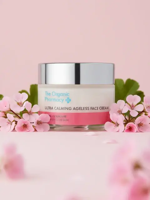 Face cream jar with pink flowers, labelled "Ultra Calming Ageless Face Cream".