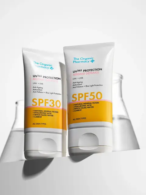 Two sunscreen tubes, SPF 30 and SPF 50, with natural mineral filters.