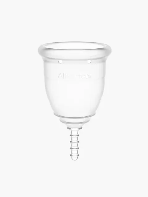 Clear menstrual cup with "AllMatters" text, white background.