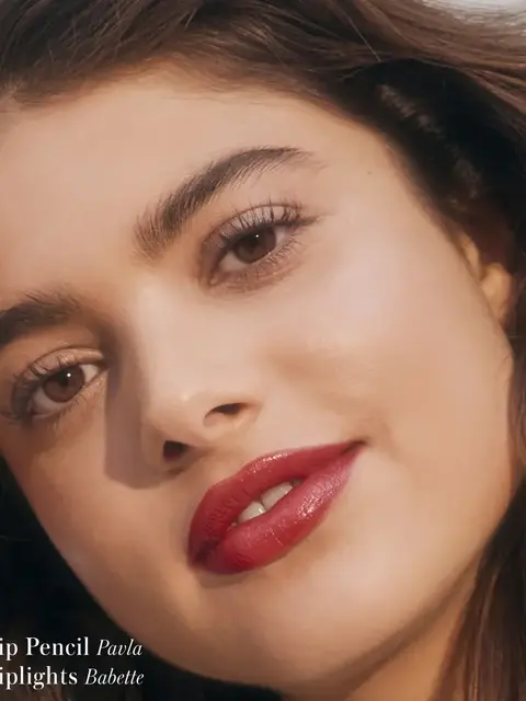 Woman with red lips, text: Lip Pencil Pavla, Liplights Babette.