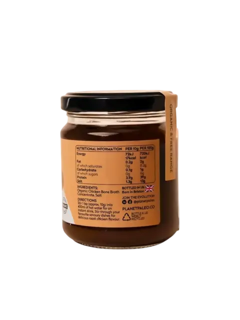 Jar of organic chicken bone broth with nutritional information and ingredients label.