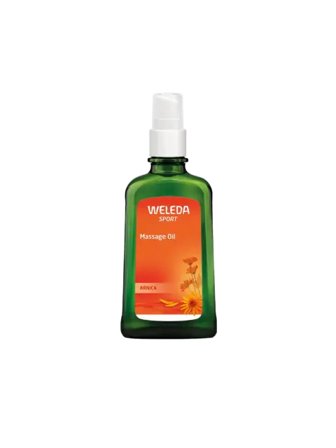 Weleda Sport Arnica Massage Oil in green bottle with spray top.