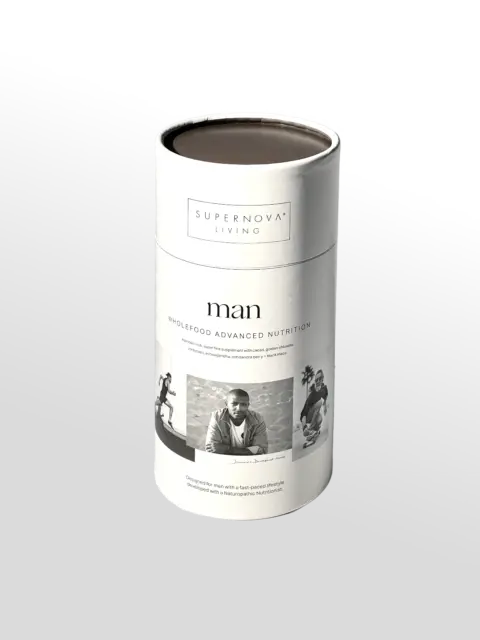 Supernova Living Man Wholefood Advanced Nutrition container with black and white images.