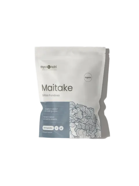 Maitake supplement pouch with floral design, 60 capsules, organic.
