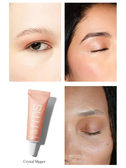 Four eyes with shimmery eyeshadow and a tube of RMS Beauty Eyelights in Crystal Slipper.
