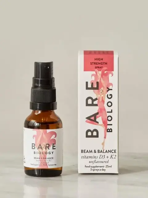 Bare Biology Beam & Balance spray bottle and box, vitamins D3 + K2, 25ml.
