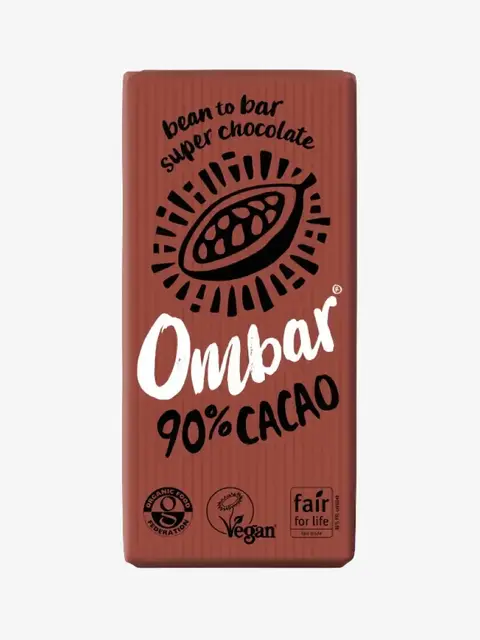 Brown Ombar chocolate bar, 90% cacao, vegan, fair trade certified.