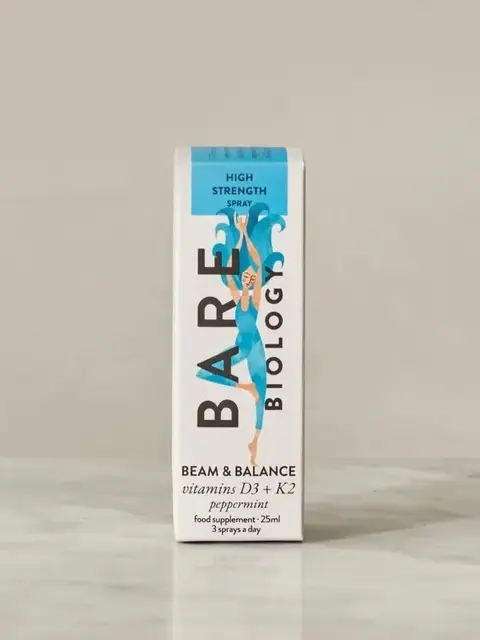 Bare Biology Beam & Balance spray, vitamins D3 + K2, peppermint, 25ml, 3 sprays a day.