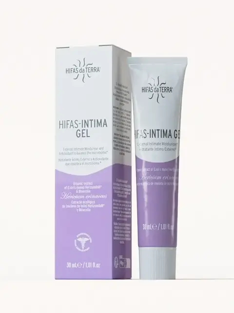 Hifas da Terra Intima Gel, 30ml tube and box, purple and white packaging.