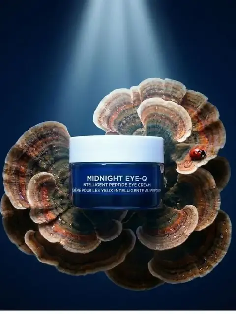 Midnight Eye-Q cream jar on mushrooms with a ladybird.