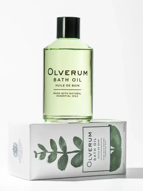 Olverum Bath Oil bottle on box with leaf design, 125ml.