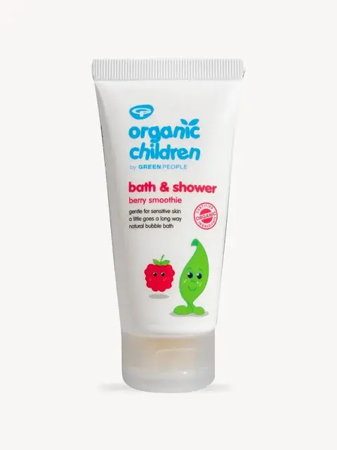 Organic Children bath & shower gel, berry smoothie, 50ml tube, white background.