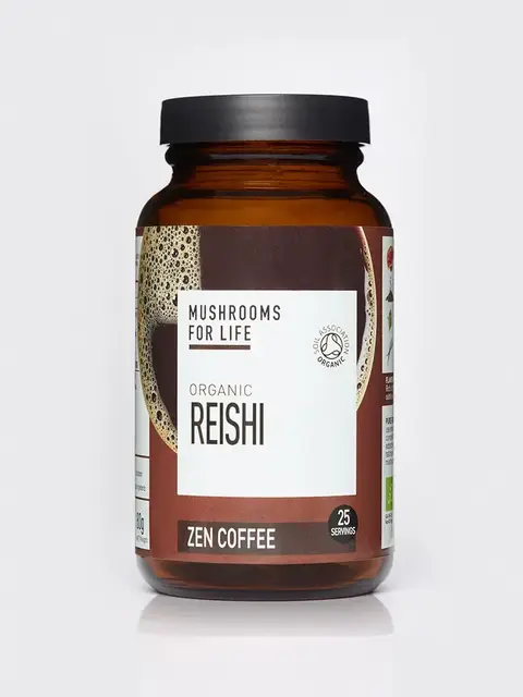 Brown jar of Mushrooms for Life Organic Reishi Zen Coffee, 25 servings.