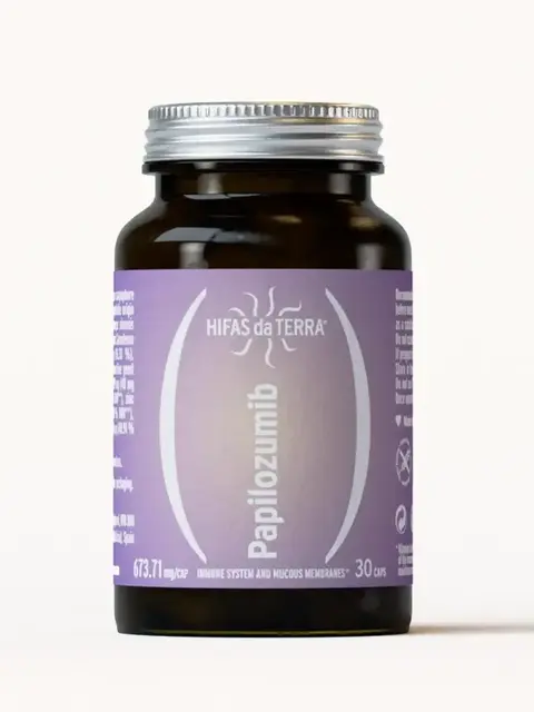 Hifas da Terra Papilozumib supplement bottle with purple label, 30 capsules.