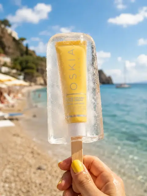 Hand holding ice lolly with Oskia skincare tube inside, beach and sea in background.