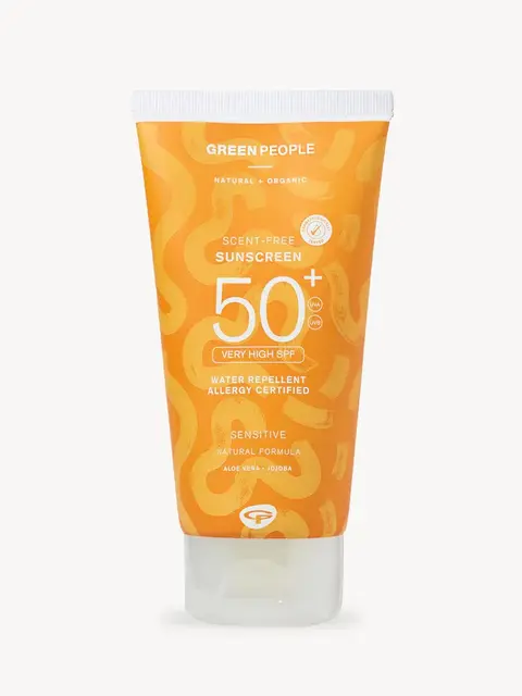Orange tube of Green People SPF 50+ scent-free sunscreen, 200ml.