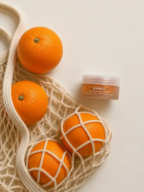 Oranges in a net bag next to a jar of SUPER-C beauty capsules on a light background.