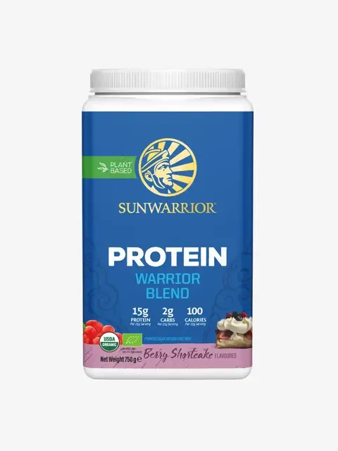 Sunwarrior Protein Warrior Blend, Berry Shortcake, 750g, plant-based, 15g protein per serving.