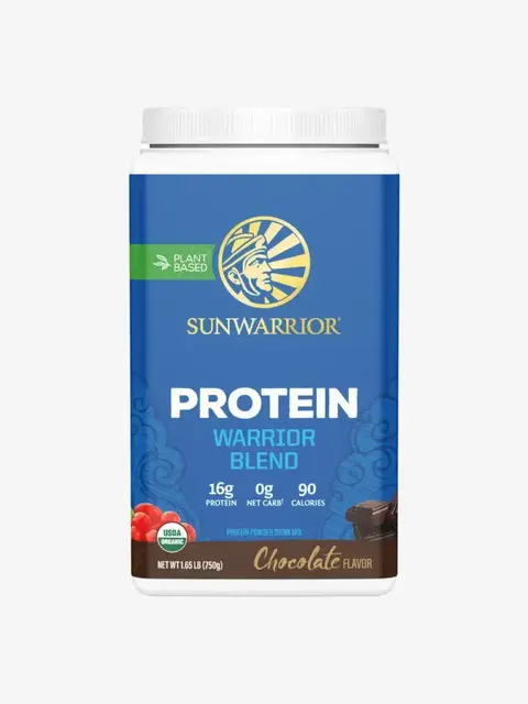 Sunwarrior Protein Warrior Blend, chocolate flavour, 750g, plant-based, 16g protein, 90 calories.