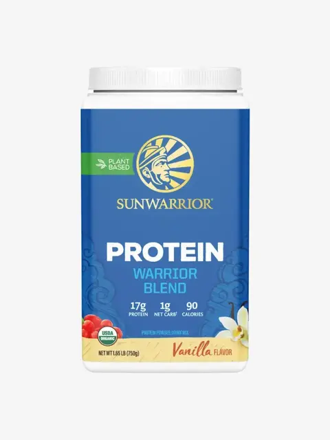 Sunwarrior Protein Warrior Blend, vanilla flavour, 750g, plant-based, 17g protein, 90 calories.