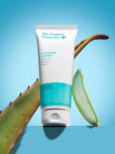 The Organic Pharmacy After Sun Lotion with aloe vera, chamomile, and rosehip oil.